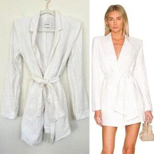 Rumer Lou Lou Linen White Open Front Blazer Shoulder Pads Belted Women's Small